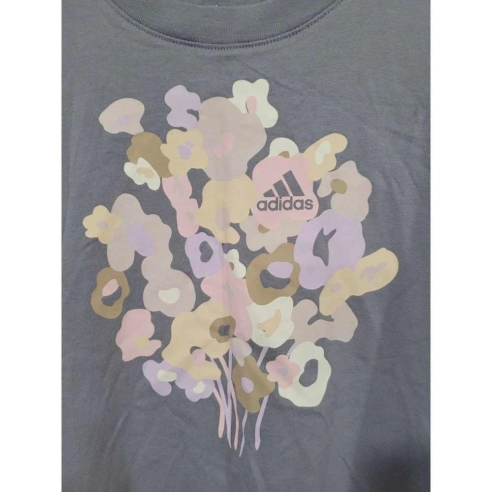 Adidas Girls Purple Floral Graphic Loose Fit Asymmetrical Hem T-Shirt Small‎ #7